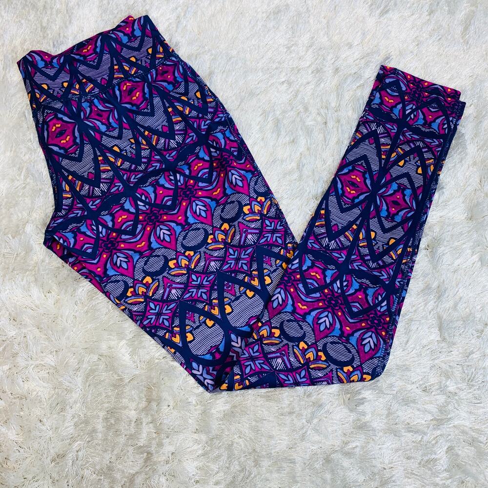 Tribal Floral Bright Leggings Sz Small Blue Pink Purple